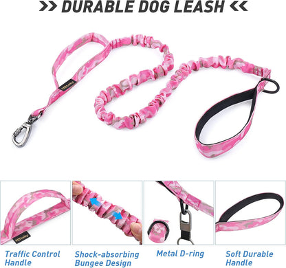 Hotsky Tactical Dog Collar and Leash Set, Heavy Duty Military Airtag Dog Collar with Handle and Metal Buckle for Training and Walking, with Airtag Holder and Two Patches (Pink Camo, M)4