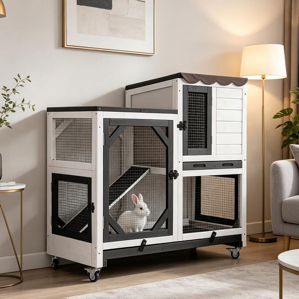 GUTINNEEN Wooden Duplex Rabbit Cage on Wheels with Chew-Proof Ramp, Grey | 4 Mobile Swivel Casters, 2-Story Design, Waterproof Rain Cover, 5 Access Doors, 2 Sliding Trays12