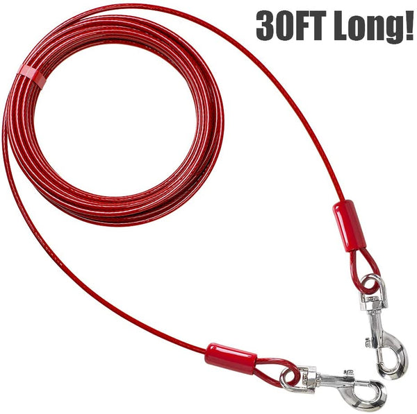 BV Dog Tie Out Cable 30 Feet - Heavy Duty Dog Lead up to 125 Pounds - Reflective & Rust-Free with Quick Release Swivel Clips & 360° Rotating Clasp - Tangle-Free Dogs Runner for Yard (Red, Single)3