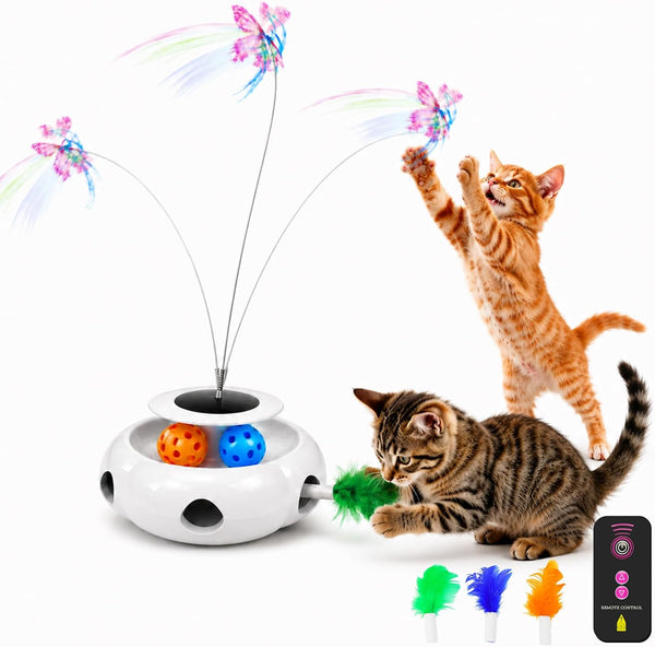 3-In-1 Interactive Cat Toy with Remote Control, Butterfly Wand & Automatic Retractable Feathers & Rolling Ball Track, Multi-Functional Cat Toy for Indoor Cats, Suitable for Bored Kitten, White1