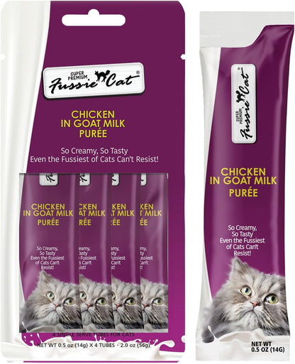 Fussie Cat Premium Tuna with Salmon in Goat Milk Puree, Lickable Cat Treats, 0.5Oz Pouch Pack of 48