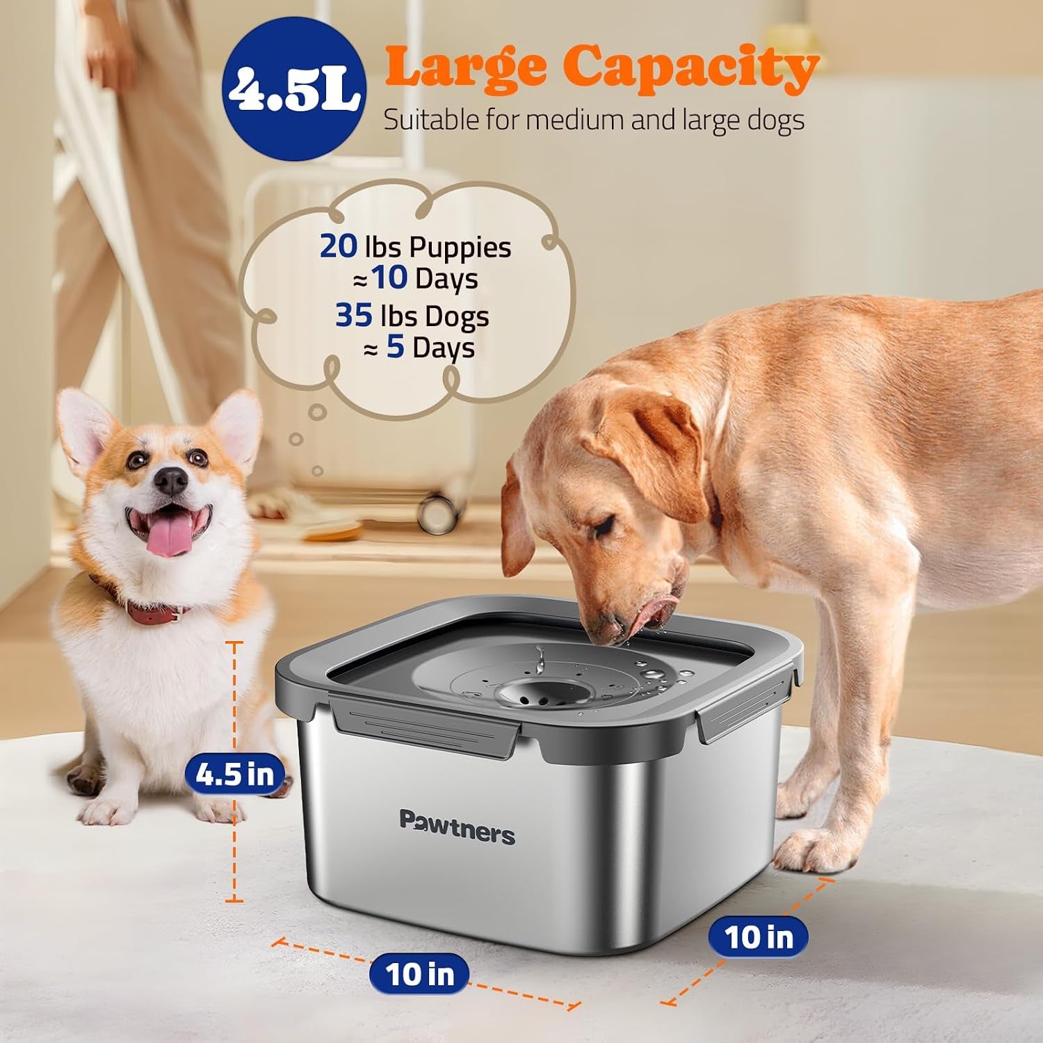pawtners-stainless-steel-dog-water-bowl-no-spill-152oz-4-5l-grey-slow-water-bowl-for-dog-with-filter-non-slip-base-no-splash-water-bowl-for-medium-large-messy-drinkers