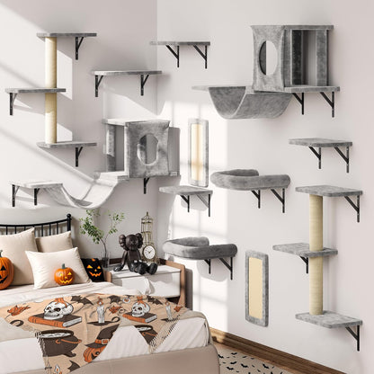 NUNU LAB Wall Mounted Cat Furniture Set - 6 Pcs Climber Set with House, Bridge, Steps, Scratcher Board - DIY Walls Playground, Indoor Cat Shelves - Gray23