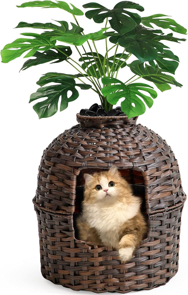 SETVSON Cat Litter Box Plant Furniture Enclosure, Rattan PE House, Natural | Decorative Planter Design, Removable Top for Easy Cleaning, Includes Artificial Plants, Real Stones, 20 X 20 Inches9