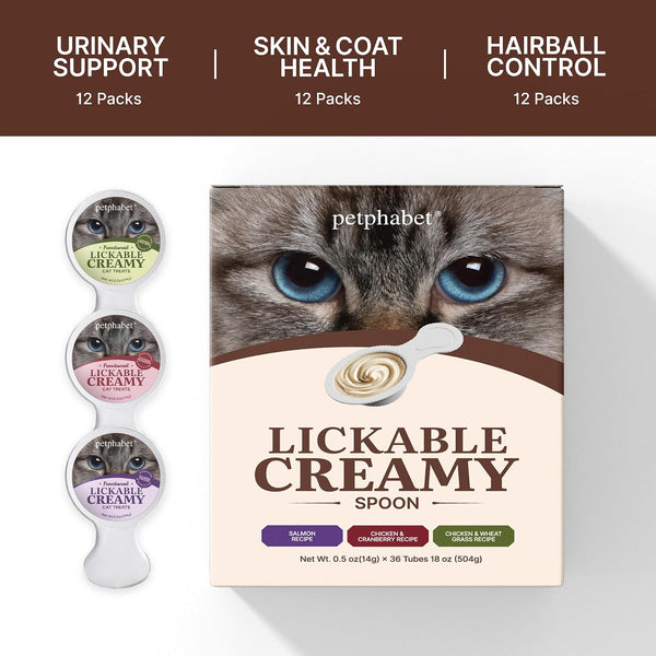 PETPHABET Lickable Cat Treats Spoon, 3 Flavors Variety Pack, 36 Count | Creamy Puree Kitten Treat, Functional Wet Paste, Skin Coat Support, Hairball Relief, Urinary Health, Grain-Free with Taurine2