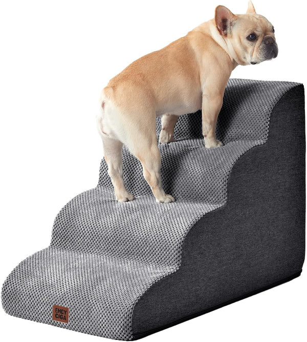 EHEYCIGA Curved Dog Stairs Ramp for 5-Step High Beds, 22.6" H Dog Steps | 33D Density of Pure Foam, for Small Dogs and Cats, Pet Stairs for High Bed Climbing, Non-Slip Balanced Pet Step Indoor, Grey37