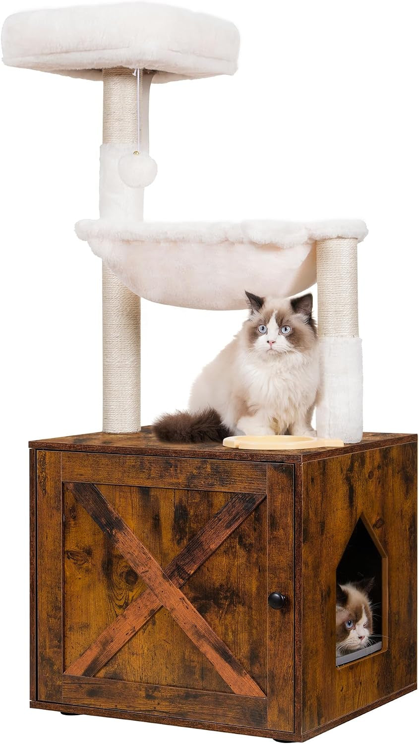 hey-brother-cat-tree-tower-litter-box-enclosure-food-station-mpj100sg-47-24-inches-wooden-all-in-one-cat-house-large-hammock-bed-scratching-posts-modern-style-for-indoor-cats-rustic-gray