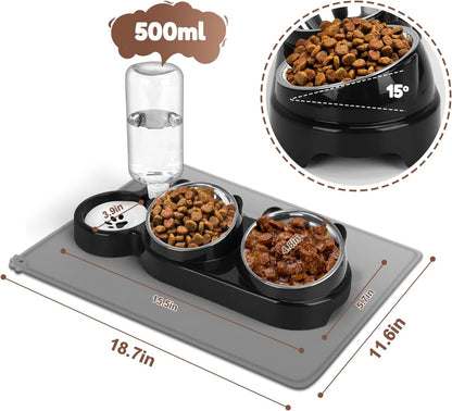 Cat Food and Water Bowl Set, Stainless Steel Raised Cat Bowls with Automatic Water Bottle & Waterproof Mat for Cats/Puppies, 3 in 1 Pet Feeding Station for Wet/Dry Food, Black2