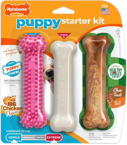 Nylabone Puppy Starter Kit, Dog Chew Toys & Chew Treat, Blue, 3 Count | Small Breeds, Chicken & Bacon Flavor, 2 Chew Toys, 1 Natural Treat, Teething Toys for Puppies, Puppy Enrichment, up to 25 Lbs14