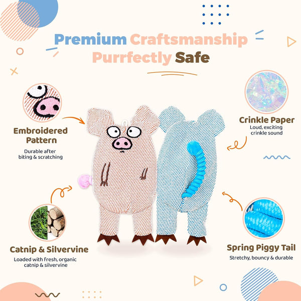Cat Toys for Indoor Cats, 2 PCS 8000Mg A+Natural Catnip Silvervine Crinkle Interactive Cat Toy Pig with Bell Elastic Tail, Baby-Grade Plush Chew Toy for Teeth Cleaning, Cat Kickers for Boredom6