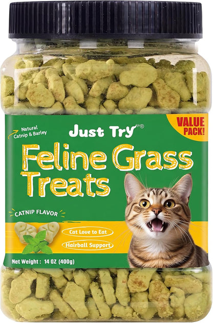 Just Try 14 OZ Cat Grass Treats for Indoor Cats Hairball Control | Salmon Flavor,Dental Care,Catnip for Cats,Crunchy Kitten Snacks,Training Biscuits1