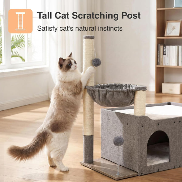 Veehoo Extra Large Cat House Bed for Indoor Cats, 29X16X31.9 Sturdy Condo | Cat Hideaway with Scratching Post, Foldable Cube with Hammock, Cave with 2 Plush Interactive Balls for Multiple Cats, Gray5
