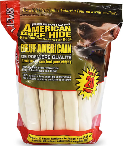 Canine Chews 10-11" Rawhide Bones for Large Dogs, Durable USA Beefhide Dog Rawhide Chews, Retriever Rolls 20 Pack (5 Lbs)1