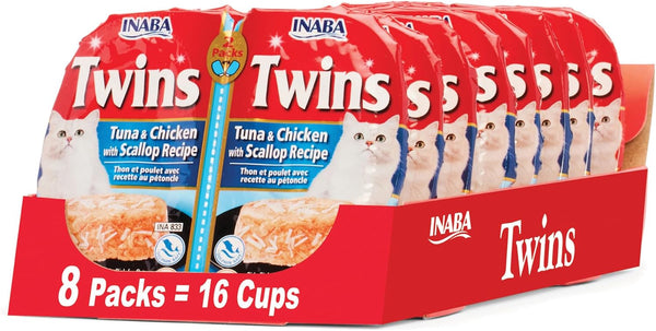INABA Twins for Cats, Shredded Chicken & Broth Gelée Side Dish/Topper Cups with Green Tea Extract, 1.23 Ounces per Serving, 16 Servings, Tuna & Chicken with Scallop Recipe1