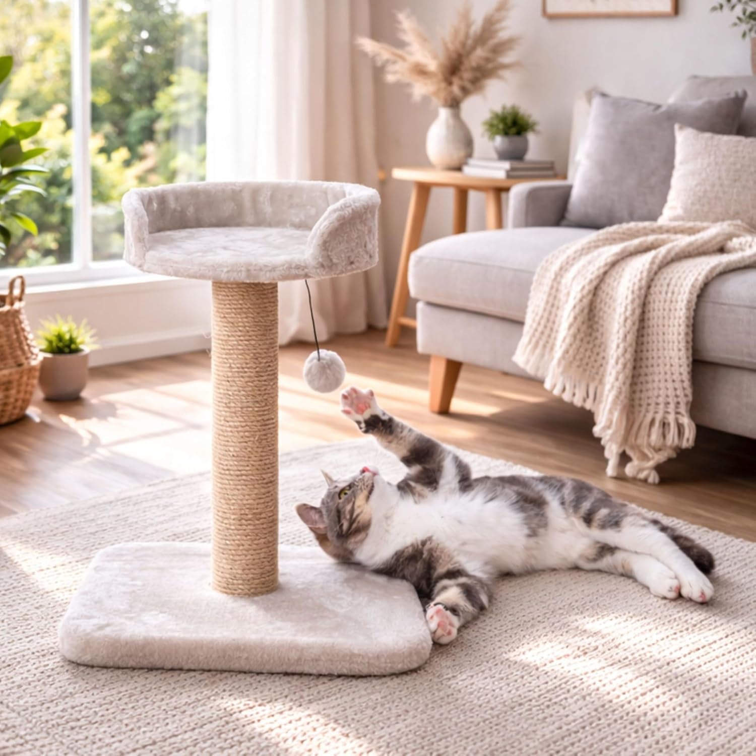 trixie-mica-18-in-cat-tree-for-kittens-indoor-jute-scratching-post-cat-furniture-padded-platform-dangling-toy-greige