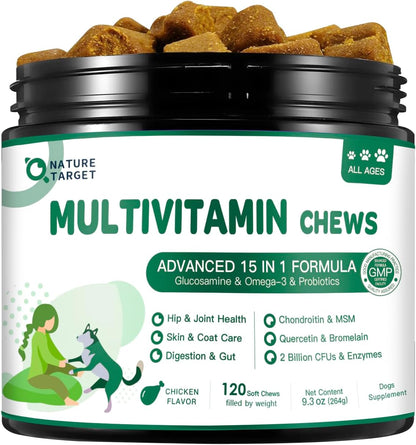 NATURE TARGET Multivitamin for Dogs, 120 Soft Chews, Chicken Flavor | with MSM & Glucosamine, Omegas 3 & 6, & Probiotics for Digestive Health, Joint Support, Skin & Coat, Immune & Overall Health1