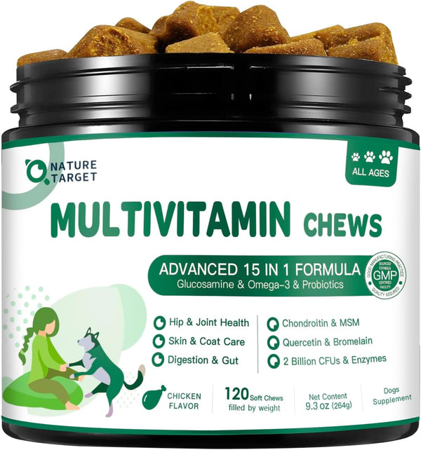 NATURE TARGET Multivitamin for Dogs, 120 Soft Chews, Chicken Flavor | with MSM & Glucosamine, Omegas 3 & 6, & Probiotics for Digestive Health, Joint Support, Skin & Coat, Immune & Overall Health1