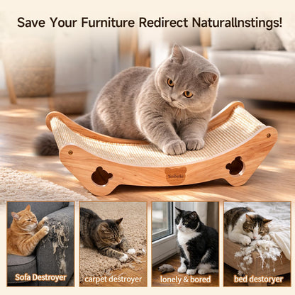 Upgraded Sisal Cat Scratcher Bed, Solid Oak Frame 1.3 Cm Thick, 100% Sisal Pad, Curved Scratch Lounger, Stable Base up to 36 Lb, Sofa Protector, Odor-Free, 23.6" X 13.7"5
