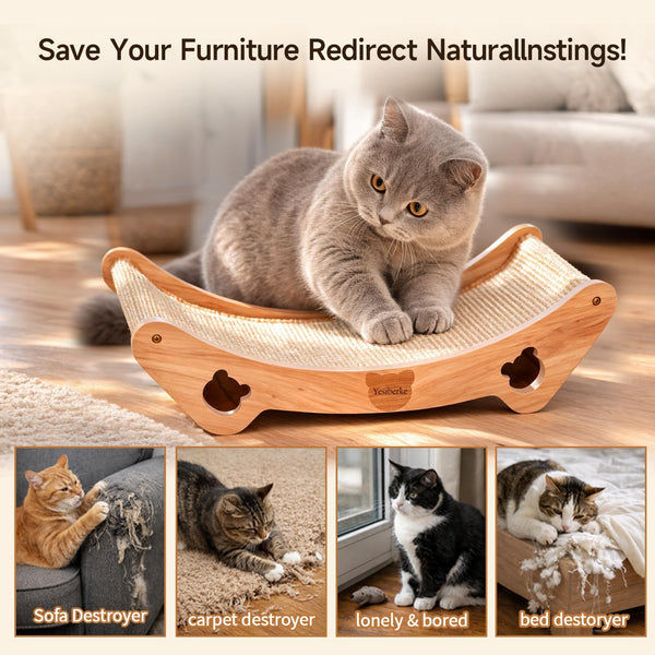 Upgraded Sisal Cat Scratcher Bed, Solid Oak Frame 1.3 Cm Thick, 100% Sisal Pad, Curved Scratch Lounger, Stable Base up to 36 Lb, Sofa Protector, Odor-Free, 23.6" X 13.7"5