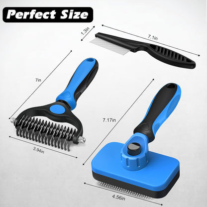 Professional 3PCS Self Cleaning Slicker Brush & Pet Grooming Rake & Flea Comb for Dogs,Cats and Horses | Double-Sided Dematting Comb & Skin Friendly Deshedding Grooming Tool | Pet Supplies (Blue)7