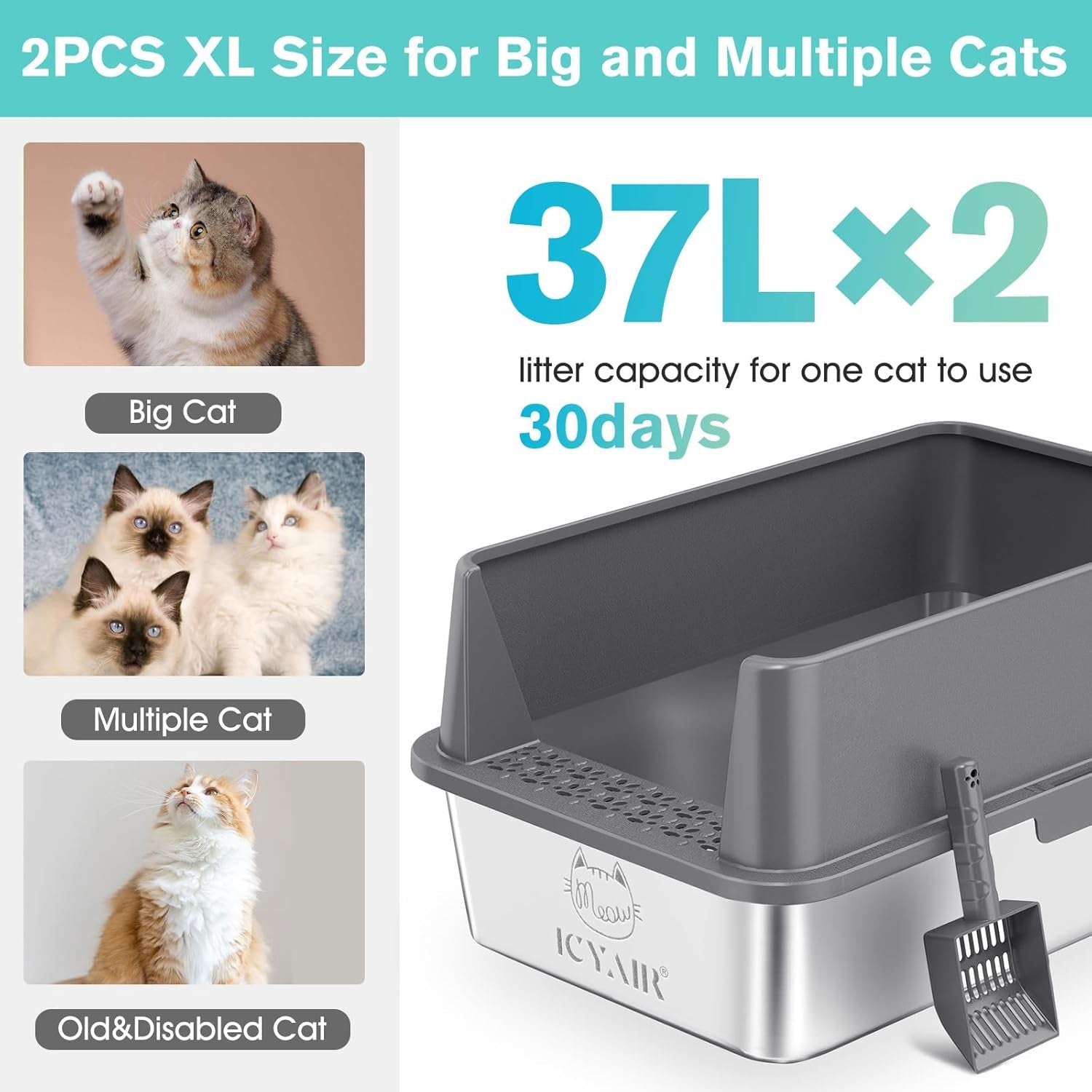 2pack-stainless-steel-cat-litter-box-with-high-sides-lid-extra-large-xl-litter-box-for-big-cats-metal-kitty-litter-boxes-with-anti-leakage-enclosure-non-stick-odorless-scoop-included