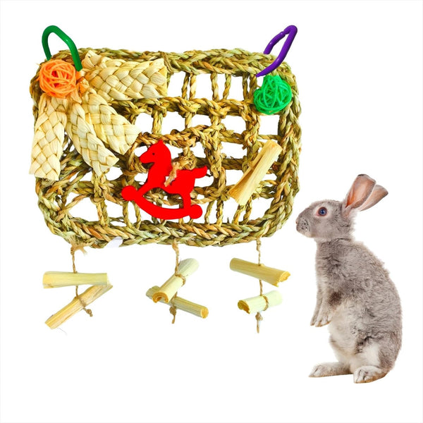 Rabbits Chew Toy,Bunny Cage Hanging Chew Toys and Treats,Grass with Sweet Bamboo for Guinea Pigs Chinchillas Hamsters Rats1