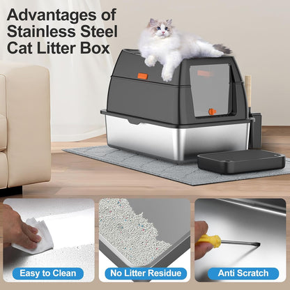Stainless Steel Litter Box with Lid,Front Entry Top Exit Kitty Litterbox,Extra Large Enclosed Metal Cat Box with Litter Scoop & Litter Mat-Black7