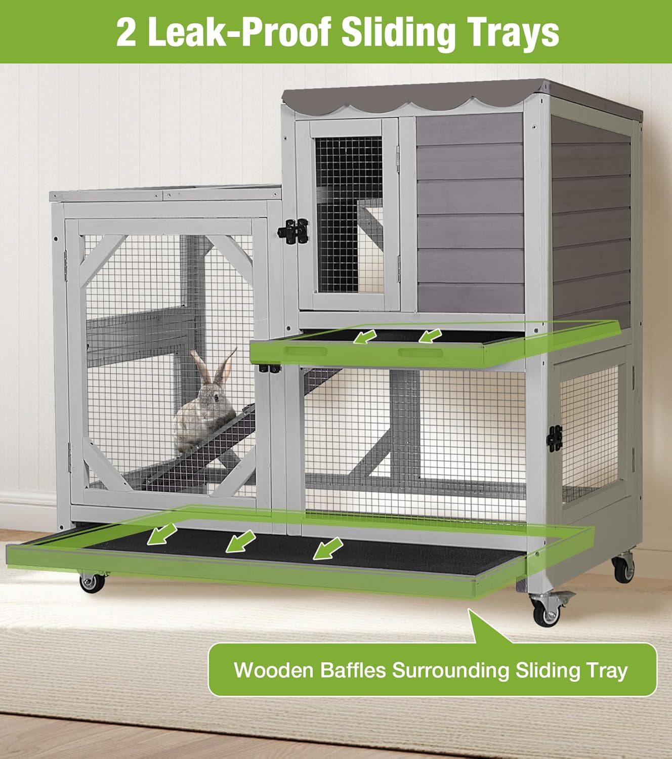 gutinneen-wooden-duplex-rabbit-cage-on-wheels-with-chew-proof-ramp-grey-4-mobile-swivel-casters-2-story-design-waterproof-rain-cover-5-access-doors-2-sliding-trays