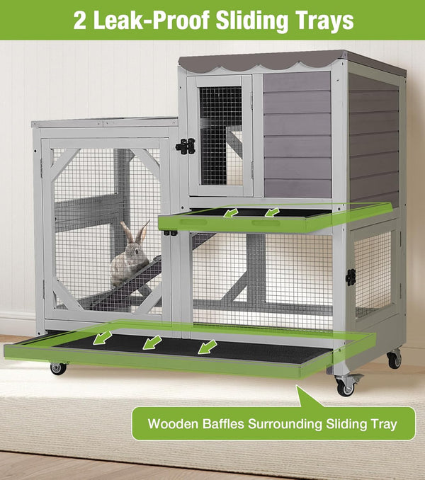 GUTINNEEN Wooden Duplex Rabbit Cage on Wheels with Chew-Proof Ramp, Grey | 4 Mobile Swivel Casters, 2-Story Design, Waterproof Rain Cover, 5 Access Doors, 2 Sliding Trays2