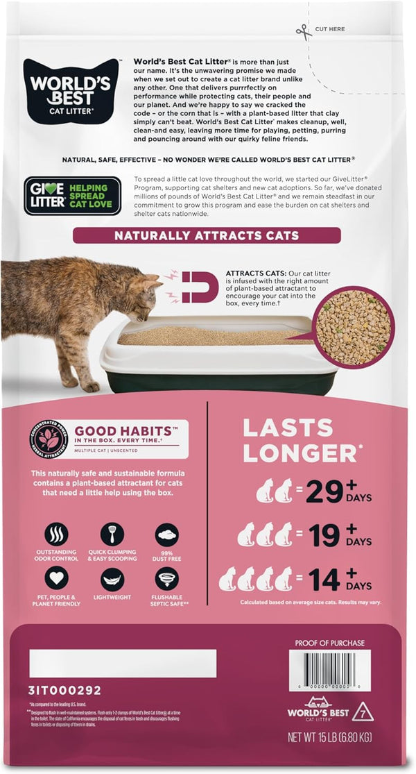 World'S Best Cat Litter, Good Habits Cat Attract Litter, Unscented, 15 Lb | Attracts Cats and Kittens with Plant-Based Attractant; Natural Corn Litter, Quick Clumping, Flushable, 99% Dust Free Formula2
