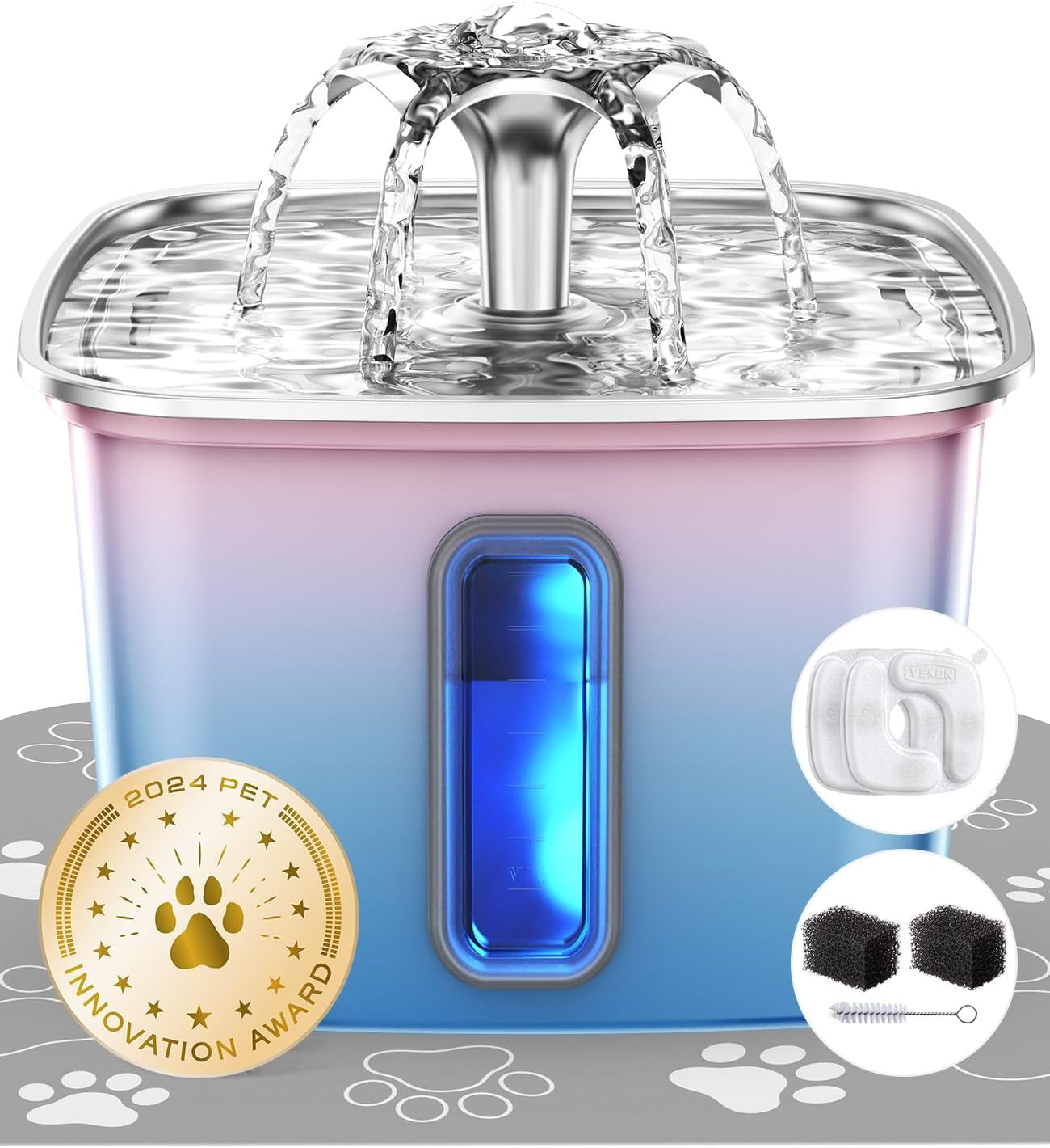 veken-innovation-award-winner-stainless-steel-cat-water-fountain-108oz-automatic-pet-fountain-dog-water-dispenser-with-3-replacement-filters-silicone-mat-gifts-for-cats-dogs-silver