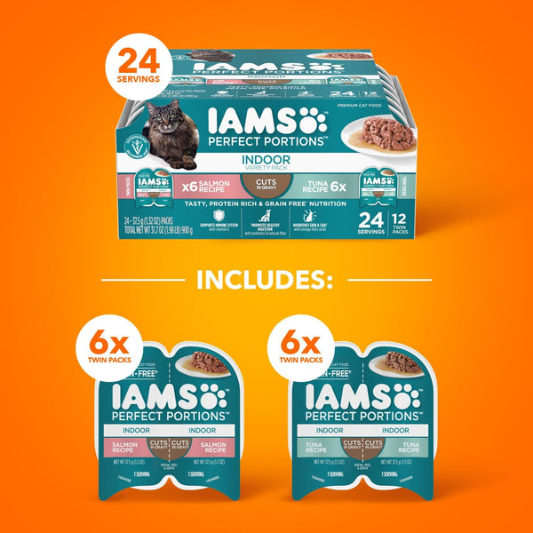 IAMS Perfect Portions Cuts in Gravy Wet Cat Food, Tuna & Salmon, 12 Count | Tuna & Salmon Cuts in Gravy, 2.6 Oz. Snap-Peel-Serve Twin Packs, Vitamin E Immune Support, Prebiotic Fiber, Made in USA2