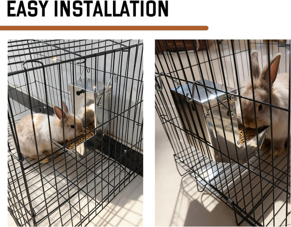 Rabbit Feeder - Small Animal Stainless Steel Gravity Feeding Trough with Lid, Outdoor Durable Cage Feeder Holds Several Days' Food (4 Inch/1.5Lbs)2