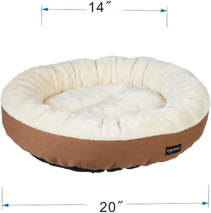 Amazon Basics round Bolster Pet Bed for Dog or Cat with Flannel Top, 20.0" L X 20.0" W X 6.0" Th, up to 11Lbs, Brown and Ivory5
