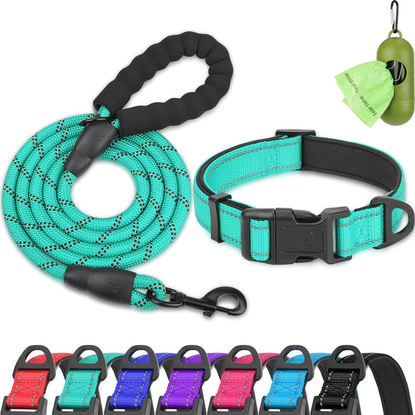 Dynmeow Reflective Dog Collar and Leash Set for Large Dogs, Teal | Soft Neoprene Padded, 6FT Climbing Rope, Ideal for Daily Outdoor Walking or Indoor Wearing, Night Visible for Safety13