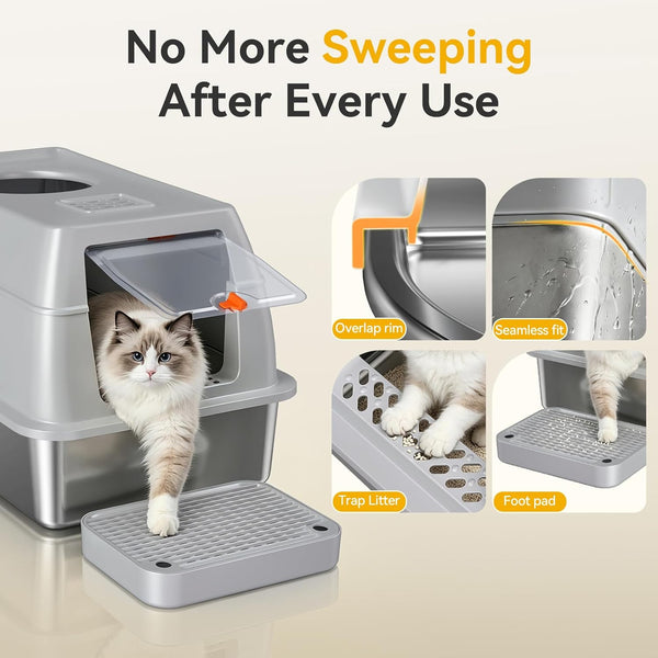 XL Enclosed Stainless Steel Litter Box with Lid, Light Gray | Covered, High Sided, Rustproof & Leak Proof, Easy Clean, Odor Control, Includes Scoop & Step5