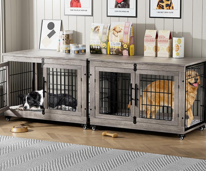 Medium Dog Crate Furniture, 32'' Heavy Duty Kennel W/Cushion & Wheels | Grey, Double Doors, Wooden Dog Cage, Chew-Resistant, End Table, Decorative, 27"/32"/38"/44" Options, Indoor15