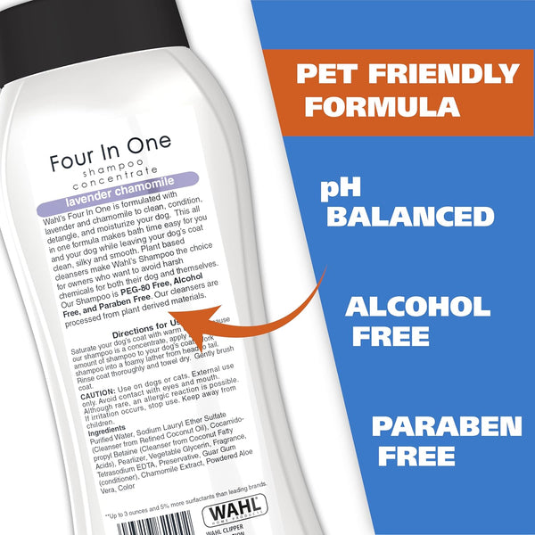 Wahl USA 4-In-1 Calming Dog Shampoo with Lavender Chamomile Scent – Cleans, Conditions, Detangles, & Moisturizes - Pet Friendly Formula - 24 Oz - Model 820000A3