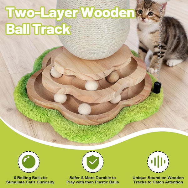 Mushroom Cat Scratching Post Cat Tree, Cute Cat Scratcher Tower with Interactive Ball Two-Layer Track Spring Ball Toys, Mushroom Scratch Post Cat Sisal Scratcher with Catnip for Indoor Cats3
