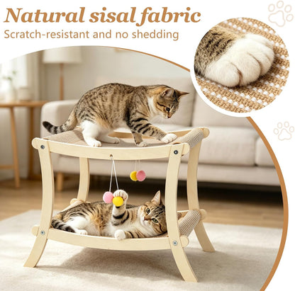 Indoor Cat Scratcher Bed, Double Layer Cat Hammock with Toy Ball, Wooden Sisal Cat Scratching Pad for Cats, Elevated Cat Lounge for Claw Grinding & Sleeping3