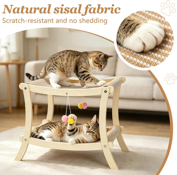 Indoor Cat Scratcher Bed, Double Layer Cat Hammock with Toy Ball, Wooden Sisal Cat Scratching Pad for Cats, Elevated Cat Lounge for Claw Grinding & Sleeping3