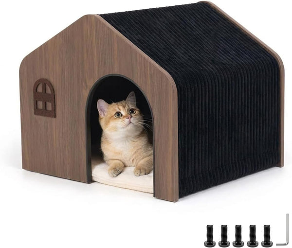 Modern Wooden Cat House Indoor – E0 Grade Enclosed Cat Cave Bed with Washable Cushion, Eco-Friendly Non-Toxic Pet Furniture for Kittens & Medium Cats up to 20 Lbs1