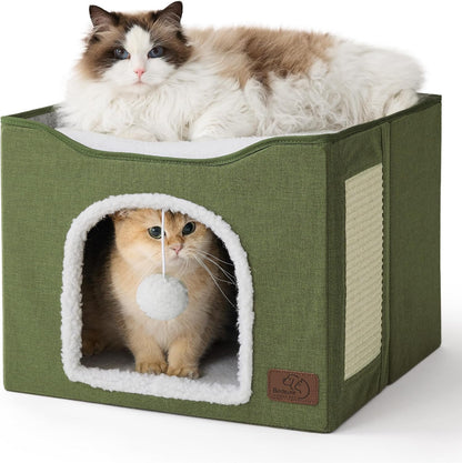 Bedsure Cat House Bed for Indoor Cats with Fluffy Ball and Scratch Pad,Grey | 16.5X16.5X13 In,Large Cat Cave for Multiple Pets,Foldable Cat Hideway Cube for Sleeping Kitten18