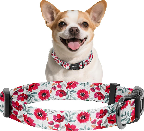 Kazazoo Dog Collar Cute and Soft Nylon Puppy Collar Girl Dogs, Adjustable Purple Dog Collars for Medium Dogs, Purple Flowers-M33