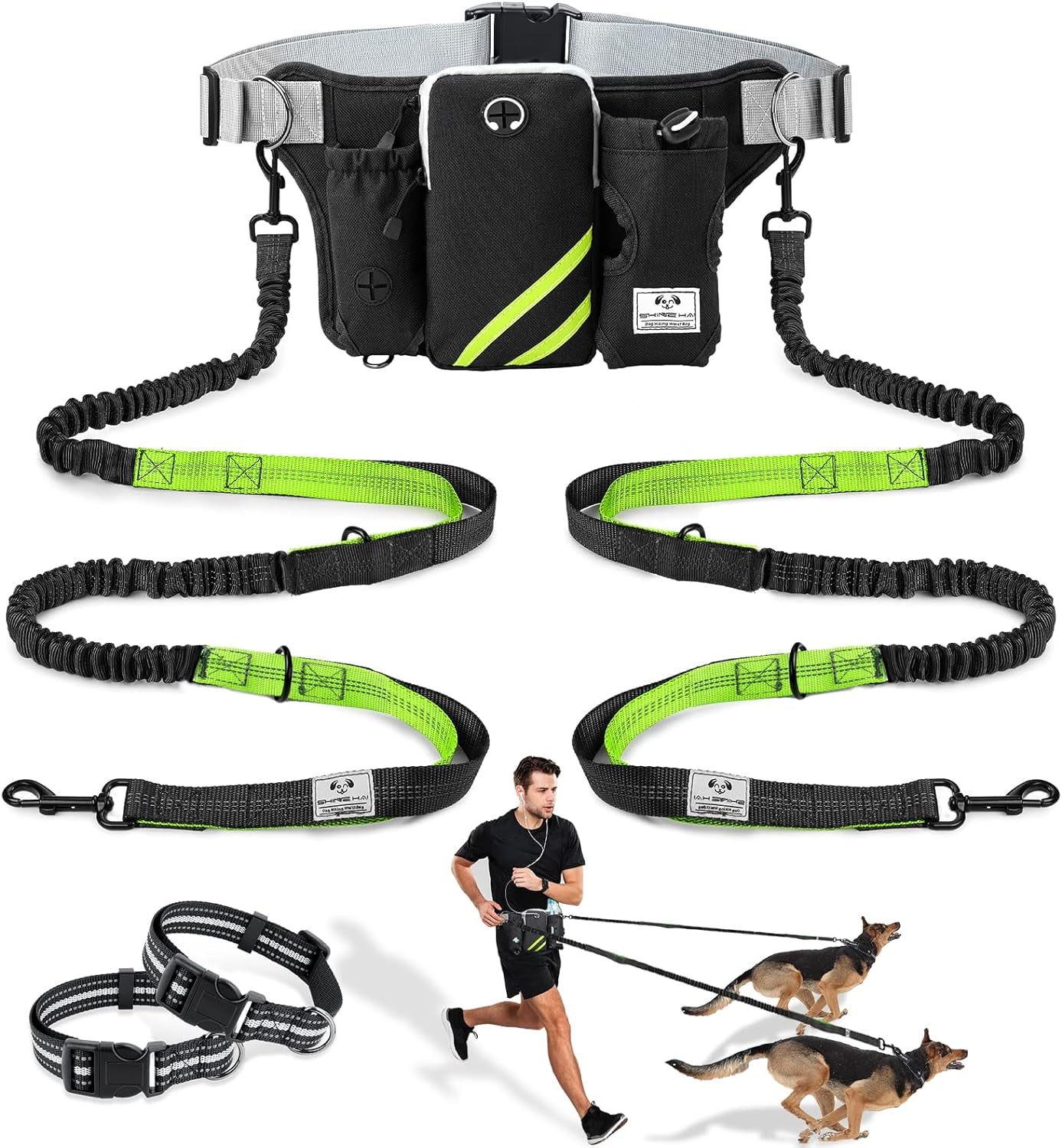 shine-hai-retractable-hands-free-dog-leash-with-dual-bungees-for-2-dogs-adjustable-waist-belt-fanny-pack-reflective-stitching-leash-for-running-walking-hiking-jogging-biking-black