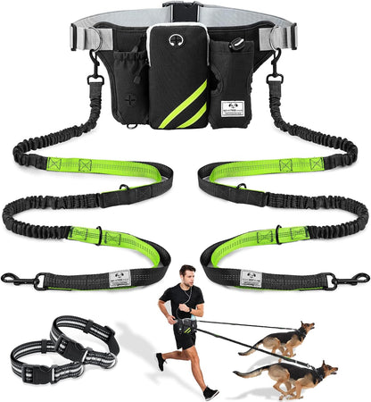 SHINE HAI Retractable Hands Free Dog Leash with Dual Bungees for 2 Dogs, Adjustable Waist Belt Fanny Pack, Reflective Stitching Leash for Running Walking Hiking Jogging Biking Black10