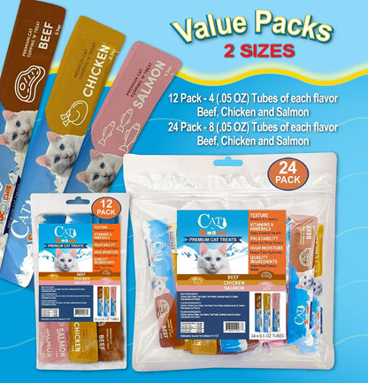 Scoochie Pet Cat Lick Treats, Chicken Salmon & Beef, 0.5Oz, 12 Pack | Variety Pack, Chicken, Salmon, Beef, Creamy Puree, No Chewing, Great for All Cats Especially Seniors6
