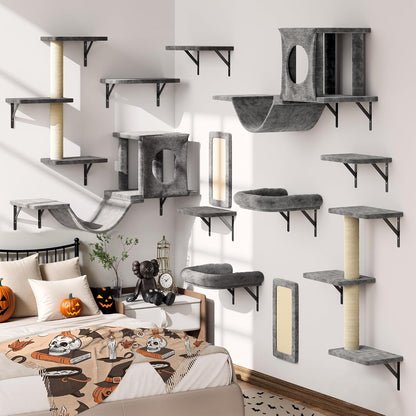 NUNU LAB Wall Mounted Cat Furniture Set - 6 Pcs Climber Set with House, Bridge, Steps, Scratcher Board - DIY Walls Playground, Indoor Cat Shelves - Gray20
