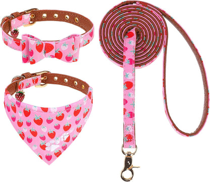 EXPAWLORER Puppy Collar and Leash Set - Embroidery Pawprints Plaid Dog Collar and Dog Leash Set, Bow Tie and Bandana Dog Collar with Bell, Cute Collar and Leash for Dogs Cats Outdoor Walking, Blue S23