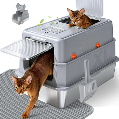 Enclosed Stainless Steel Litter Box, XL Covered Metalpan Includes Mat Scoop | Easy Cleaning Anti-Urine Leakage Non-Sticky Front Entry Top Exit1